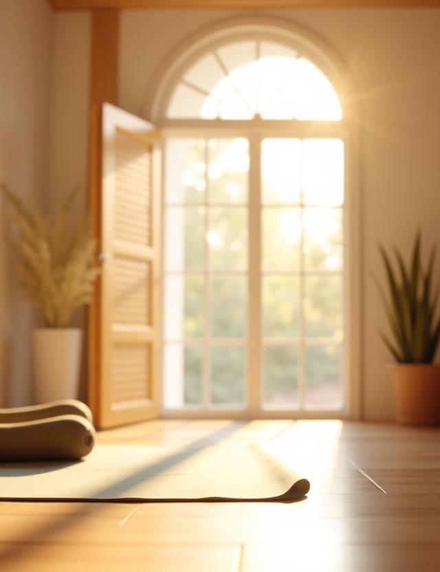 A serene yoga studio entry with warm lighting